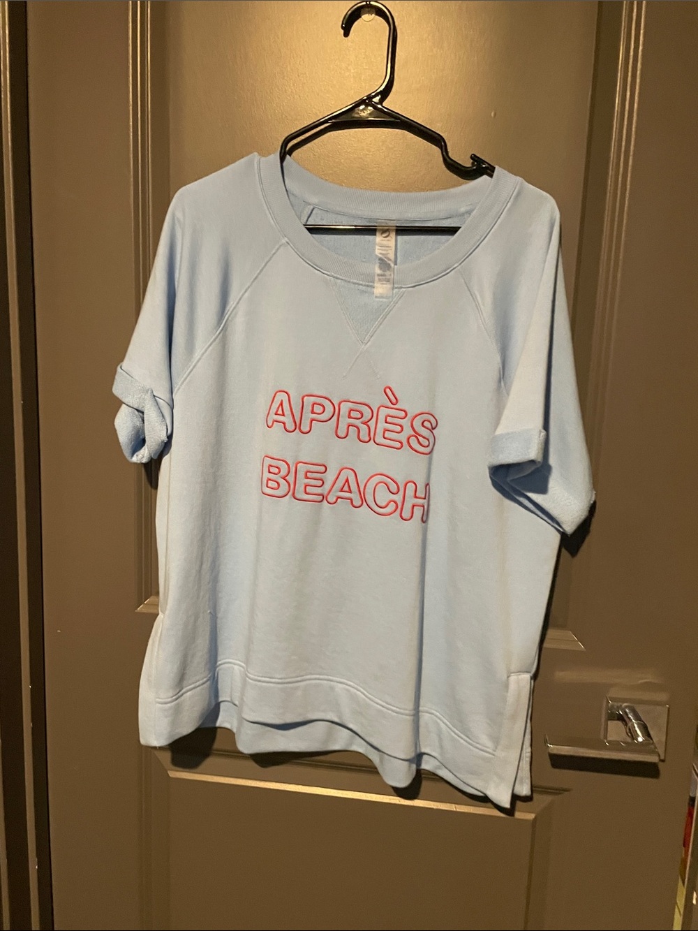 Splendid Light Blue Short Sleeve Sweatshirt with Pink Apres Beach Lettering